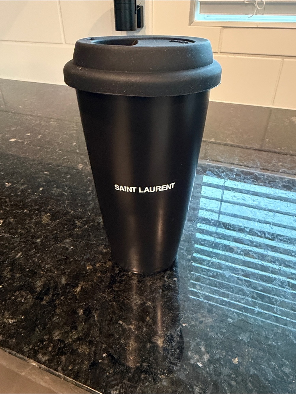Saint Laurent Black Matte Travel Cup with White Logo
